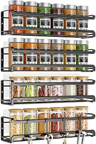 Bunoxea Spice Rack Wall Mounted 4 Pack, For Spice Jars & Seasonings,Black