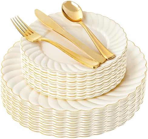 YOUBET 125PCS Ivory Scalloped Plastic Plates for Party Wedding