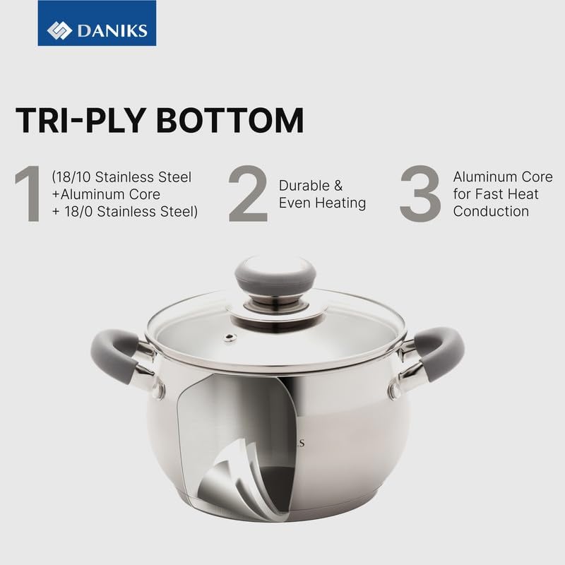 Daniks Modern 2 Quart Stainless Steel Stock Pot with Glass Lid, Tri-Ply Bottom for Even Heating, Induction Compatible, Dishwasher Safe, Heatproof Handles