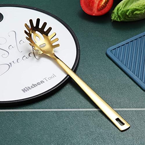 Gold Spaghetti Spoon, Berglander Pasta Server With Titanium Gold Plating, Stainless Steel Spaghetti Server For Cooking, Pasta Fork, Noddle Fork, Dishwasher Safe, Easy to Clean