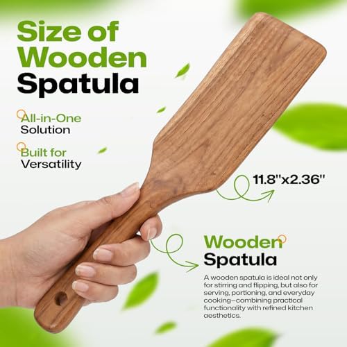 AIUHI Teak Wood Spatula for Cooking, Large Turner for Non-Stick Cookware, Handcrafted Flat Solid Wok Spatula
