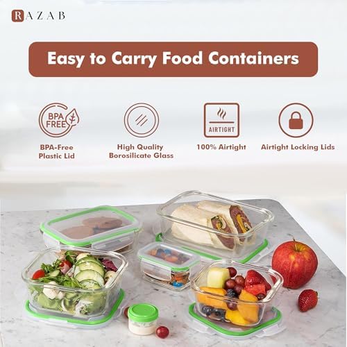Razab 35 Pc Set Glass Food Storage Containers with Lids - Meal Prep Airtight Bento Boxes BPA-Free 100% Leak Proof (15 lids,15 glass & 5 Plastic Sauce/Dip Containers)