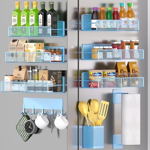 Magnetic Spice Rack for Refrigerator, 10 Pack Metal Magnetic Shelf, Moveable Spice Organizer with Hook Rack, Paper Towel Holder, Kitchenware Holder, Strong Magnetic Storage Fridge Organizer Blue