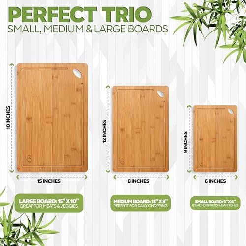 Wood Cutting Boards Set of 3 – Non-Toxic Bamboo Chopping Boards for Kitchen with Deep Juice Grooves – Durable, Eco-Friendly Wooden Serving Boards for Meat, Vegetables & Fruit