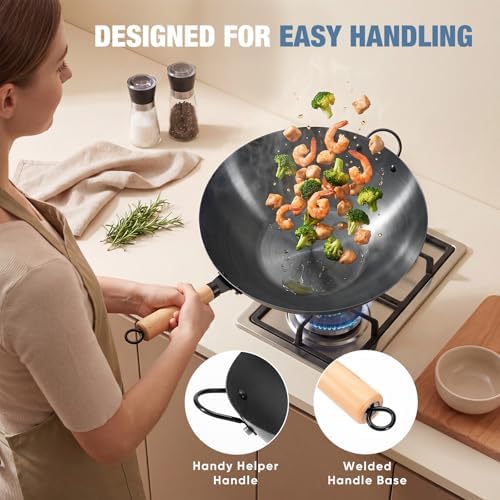 DUMOS 13.5" Carbon Steel Wok Pan, No Chemical Coating, Pre-Seasoned Flat Bottom Pow Wok for Family Meals and Camping, Compatible with Induction, Electric, Gas, Open Fire, Black