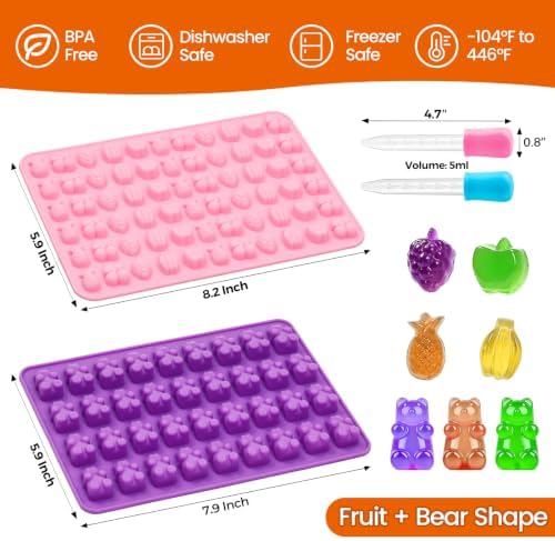 Gummy Bear Mold Silicone, Fruit Snack Molds Gummies Trays Molds with Dropper for Candy Chocolate, 4Pcs Medium & Mini