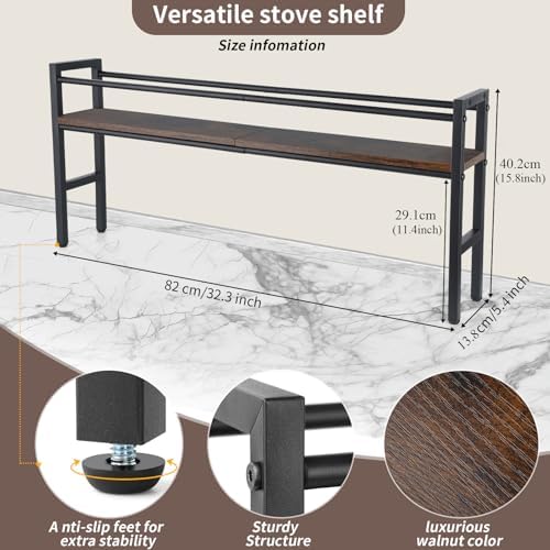 Meangood Spice Rack Shelf for Kitchen Stove, Over the Stove Shelf with 4 Hooks Extra Storage Countertop, Rustic Wood & Solid Metal Commbined Stove Shelf for Storage Seasoning, Easy to Assemble