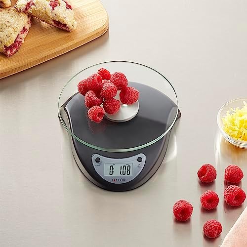 Taylor Digital Kitchen Scale with Glass Platform, Tare Button, and Plastic Body Weighs up to 11 Pounds Capacity, Black