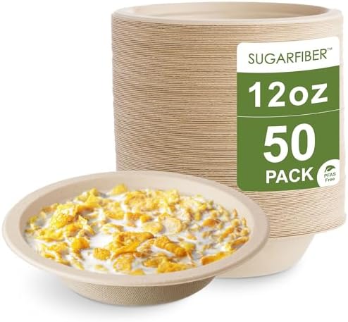 12oz Compostable Paper Bowls Disposable Round Natural Cereal Bowl, 50 Count