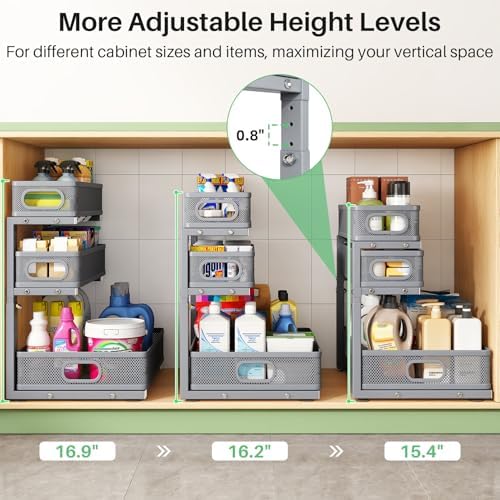 Kitstorack Under Sink Organizer, 1-Pack 3-Tier Height Adjustable Thickened Metal Pull out Cabinet Organizer Shelf, Slide out Storage Drawer Rack for Bathroom Kitchen Pantry Home Organization, Grey