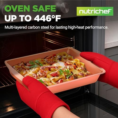NutriChef 5‑Piece Non‑Stick Bakeware Set – Premium Carbon Steel Baking Pans Set with Silicone Handles, Stackable Oven Pan Set for Cookies, Sheet Cakes, & Roasting
