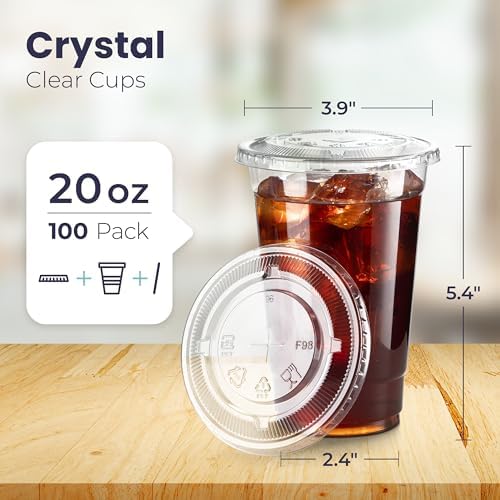 Fit Meal Prep 100 Pack 20 oz Clear Plastic Cups with Flat Lids, Disposable Iced Coffee Cups, BPA Free Premium Crystal Smoothie Cup for Party, Lemonade Stand, Cold Drinks, Juice, Milkshake