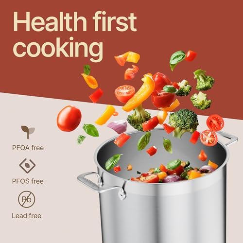 Stainless Steel Stockpot with Lid 16 Quart, Durable 18/8 Stainless Steel, Impact-Bonded Base for Even Heating, Riveted Handles, Oven & All Stove Compatible, Safe Up To 500°F (260°C)