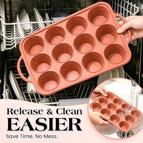 Vinino 12 Cup Silicone Muffin Pan with Stainless Steel Frame - Brick Orange