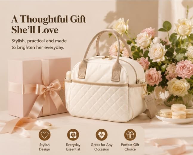 BTOOP Lunch Box for Women, Quilted Insulated Lunch Bag with Shoulder Strap