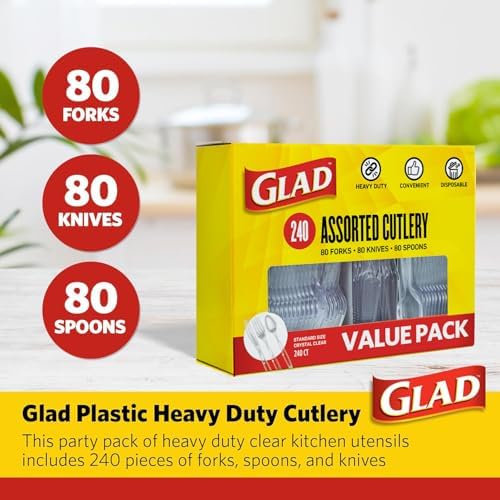 Glad Clear Disposable Cutlery Set, Forks Knives and Spoons, 240 Count