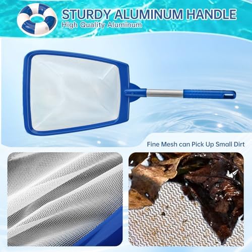 Pool Net, Professional Swimming Pool & Hot Tub Skimmer Net Accessories, Heavy Duty Pool Leaf Rake Cleaning Tool with Pole, Fine Nylon Mesh Bag Easy to Clean Bugs, Debris, Leaves (Blue&White