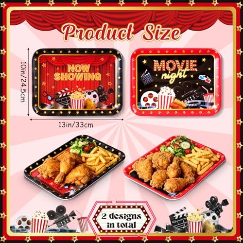 Vesici 4 Pack Movie Night Melamine Serving Trays, 13 x 10 Inch Rectangular Cinema Snack Platters with Popcorn & Film Designs, Durable Serving Plates for Home Theater, Parties & Appetizers