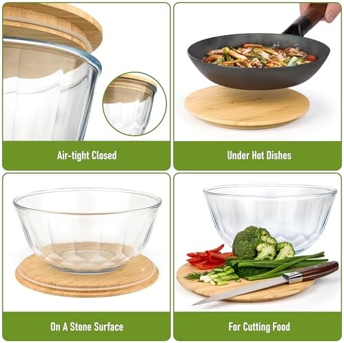 Large Stackable Glass Mixing Bowls with Bamboo Lids Set of 5