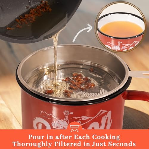 Ayerphalo 42oz Enamel Bacon Grease Container with Strainer, Farmhouse Red
