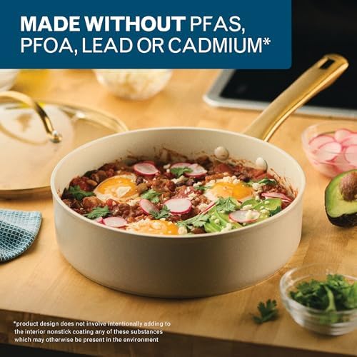 Farberware Forged Induction Ceramic Nonstick Saute Pan/Jumbo Cooker with Lid, Dishwasher Safe, Gold Color Stainless Steel Handle, 3 Quart Sauteuse Pan - Taupe
