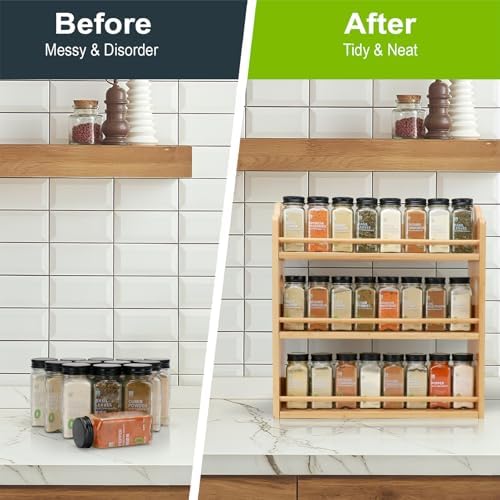 3-Tier Bamboo Spice Rack, Wall Mount & Countertop Spice Organizer