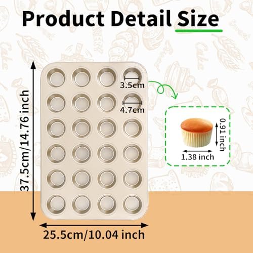 Beasea Nonstick Mini Muffin Pan 24 Cups, 2 Pack 24 Mini Small Tiny Cup Non Stick Muffin Baking Pan Tin Tray Carbon Steel Bakeware Individual Cupcake Baking Pan - Gold