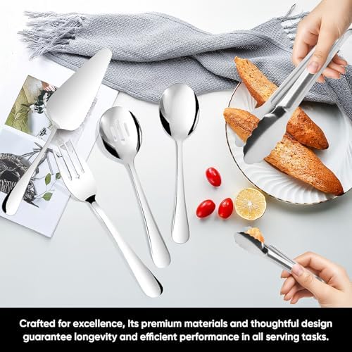 14PCS Serving Utensils - Hostess Serving Utensils Set, Premium Stainless Steel 8.7 inch Serving Utensils, Slotted Spoons, Fork, Tongs, Cake Pie Server for Buffet, Wedding, Dinner (Silver)