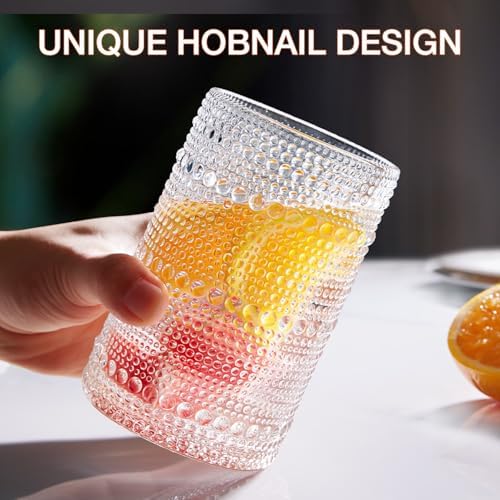 Drinking Water Glass Cups Set,Crystal Hobnail Glass set of 8,15oz&12oz