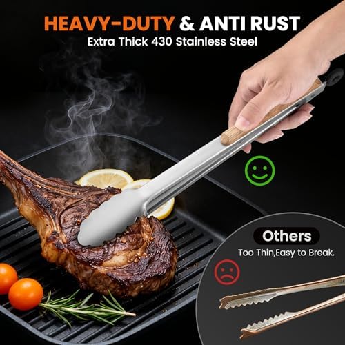 12-Inch Stainless Steel Kitchen Tongs with Oak Wood Handle,Heavy Duty