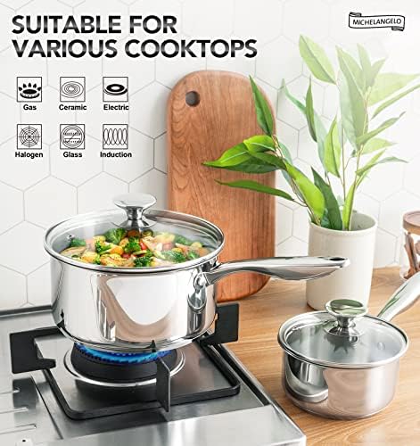 MICHELANGELO 1.5 Quart Saucepan with Lid, Triply Thick Bottom Sauce Pan Stainless Steel Saucepan 1.5 QT, Nonstick Sauce Pot, Induction Compatible