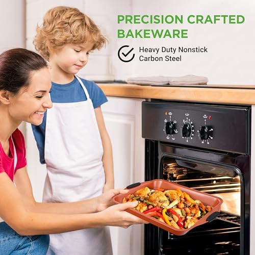 NutriChef 8 Piece Baking Pans Set - Nonstick Carbon Steel Bakeware Set w/ Silicone Heat-Safe Handles - Includes Loaf Pan, Muffin Pan, Cookie Sheets, Pizza Crisper, Roasting Pans - Rose Gold