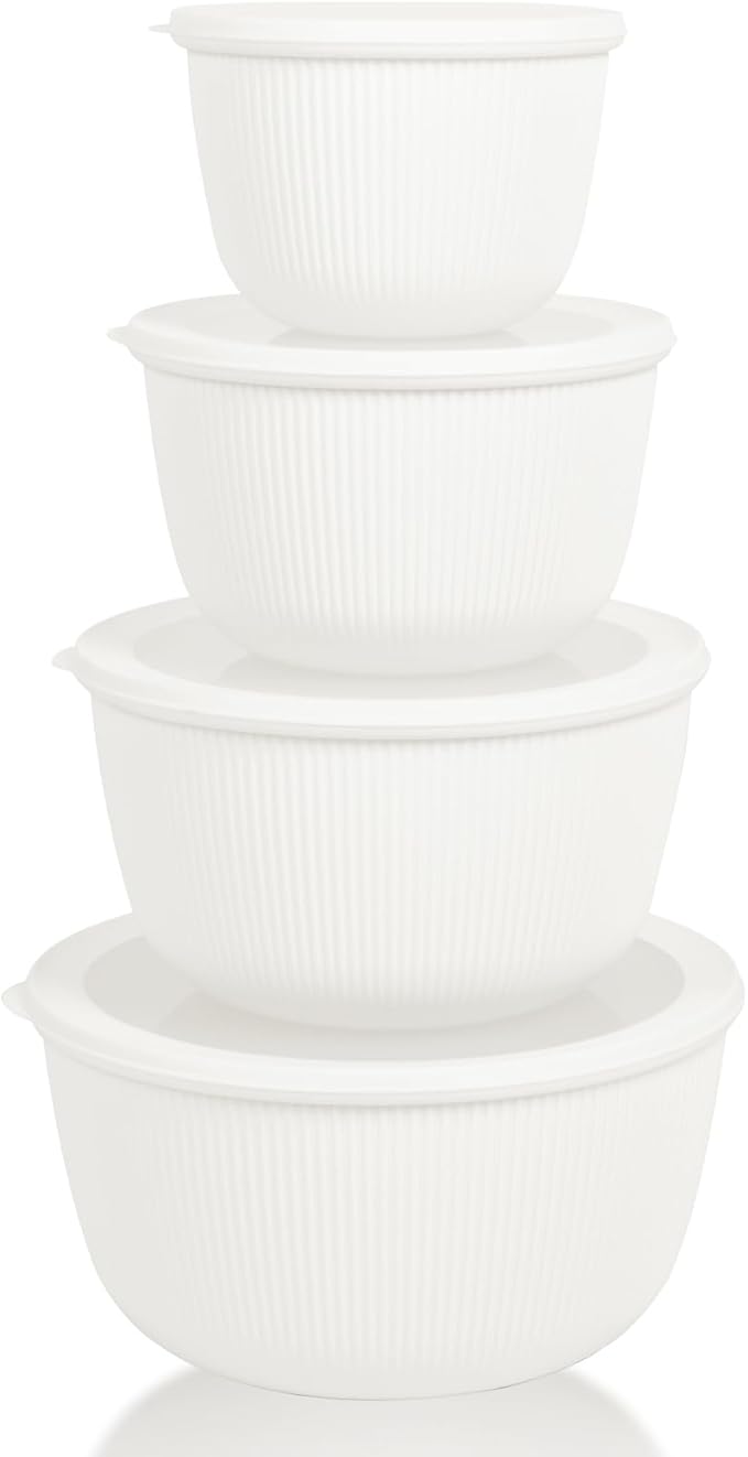 BoxedHome Mixing Bowls with Lids Set, 4 Packs BPA-Free Plastic Prep Bowls for Kitchen, Dishwasher & Microwave Safe, Large Capacity, Beige