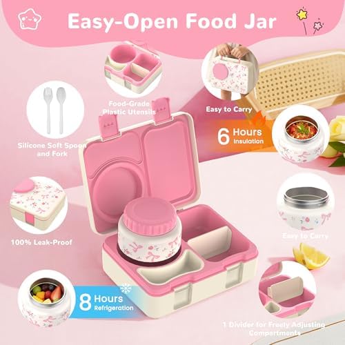 Kids Bento Box with Food Jar, Water Bottle, Lunch Bag, Floral