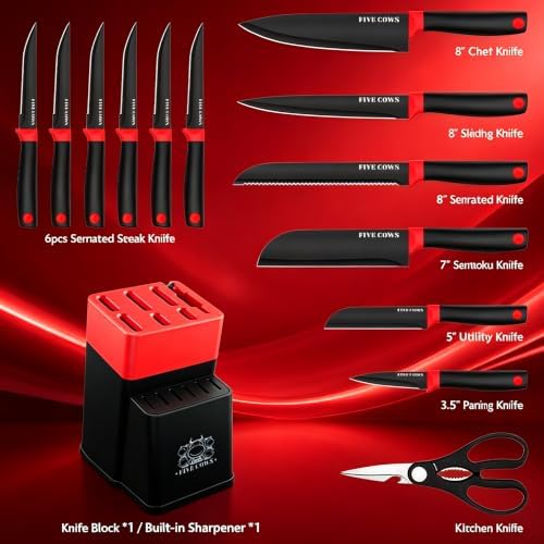 14 Pcs Kitchen Knife Block Set with Sharpener German High Carbon Stainless Steel Chef Knives, Razor-Sharp & Durable, Lightweight Anti-Slip Handle, Professional Set for Home & Kitchen (Red)