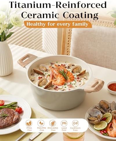 FDN Titanium Ceramic Cooking Pot with Lid, Pfos & Pfoa Free Nonstick Stock Pot, Large Soup Pot, Big Pots for Cooking, Multipurpose Cookware, Ollas Antiadherentes Para Cocinar, Cacerolas, Grey
