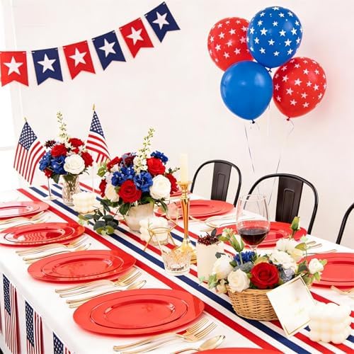 FLOWERCAT 60PCS Red Plastic Plates - Heavy Duty Red Plates Disposable for Party - Include 30PCS 10.25inch and 30PCS 7.5inch for 30 guests Birthday Party & Events &4th of July
