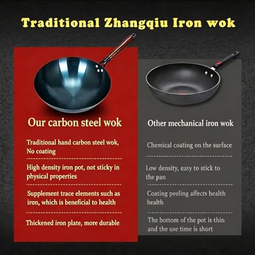 14-Inch Carbon Steel Wok, Round Bottom Traditional Chinese Wok with Wooden Handle and Wooden Lid, Uncoated Non-Stick Wok for Gas Stoves, Home Cooking, Camping, and as a Gift