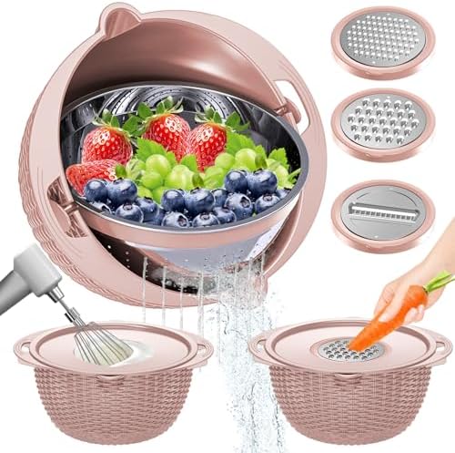 4-1 Strainer Bowl with Lid Set - Strainers and Colanders, Colander for Kitchen, Pasta Strainer, Fruit Cleaner, Veggie Wash, Funny Kitchen Present, Fruit Washing Bowl, Cooking Present for Women - Pink