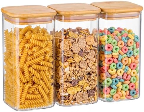 3-Pack 1.6Qt Square Glass Storage Jars with Bamboo Lids