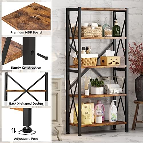 Homeiju 5-Tier Bookshelf,Wood Bookcase,Book Shelf with Steel Frame, Storage Rack with Open Shelves, Rustic Standing Bookshelves Ladder Shelf 110lbs/shelf for Bedroom,Living Room and Home Office