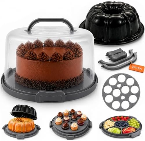 10in Buntz Cake Pan Non Stick & 12in Cake Carrier with Lid-Handle, Gray