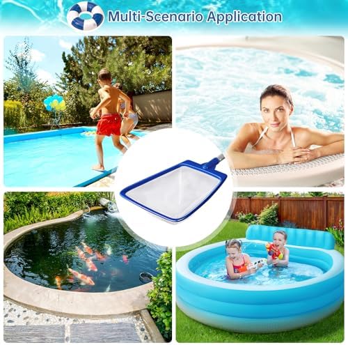Pool Net, Professional Swimming Pool & Hot Tub Skimmer Net Accessories, Heavy Duty Pool Leaf Rake Cleaning Tool with Pole, Fine Nylon Mesh Bag Easy to Clean Bugs, Debris, Leaves (Blue&White
