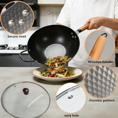 Nonstick Wok,Carbon Steel Wok 12.8-Inch Pan with Glass Lid,Woks & Stir-Fry Pans for Frying Electric,Induction,Gas Stoves Cooking