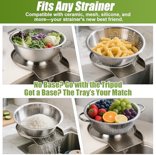 Palksky Colander and Strainer Self Drainer Base Plate Stainless Steel for Kitchen, Metal Countertop Draining Tray for Pasta Rice Noodle Fruit Veggie Food Strainer & Ceramic Colander