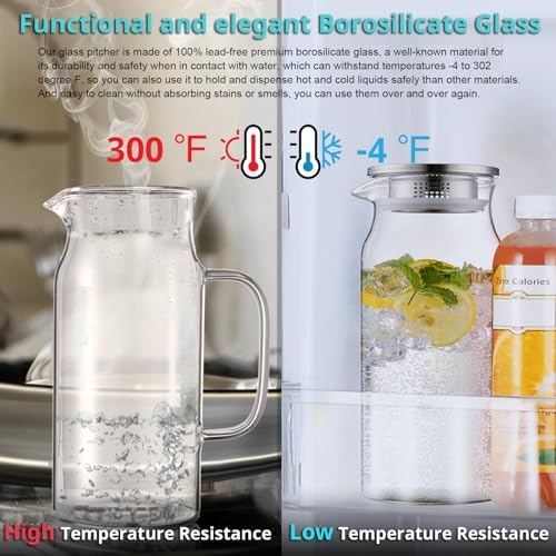 Bivvclaz 3 Pack 2 Liter 68 oz 2.1 Qt Glass Pitcher with Lid and Handle, Water Pitcher for Fridge, Glass Carafe for Hot/Cold Water, Large Iced Tea Jug for Coffee, Juice and Homemade Beverage