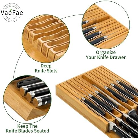 VaeFae Bamboo Knife Drawer Organizer, Knife Drawer Organizer Insert, Kitchen Drawer Knife Block for 12 Knives and a PLUS Slot for your Knife Sharpener (Without Knives)