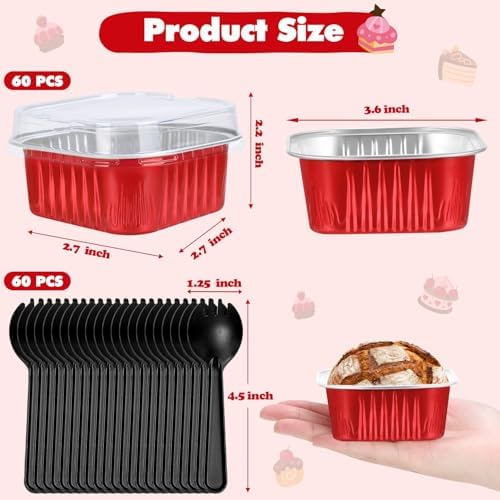 selizo 60 Pack 5oz Mini Disposable Cake Pans with Lids, Aluminum Foil Square Baking Cups, 3.5x3.5 Small Baking Cake Tins Cup Cake Containers with Lids for Individual Cakes