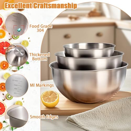 3 Pcs Stainless Steel Mixing Bowls Set, Metal Baking Bowls (1.5,2.2,3.4 Qt)