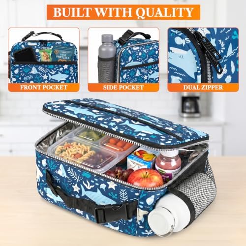opux Insulated Lunch Bag for Kids, Reusable Lunch Box for School, Shark